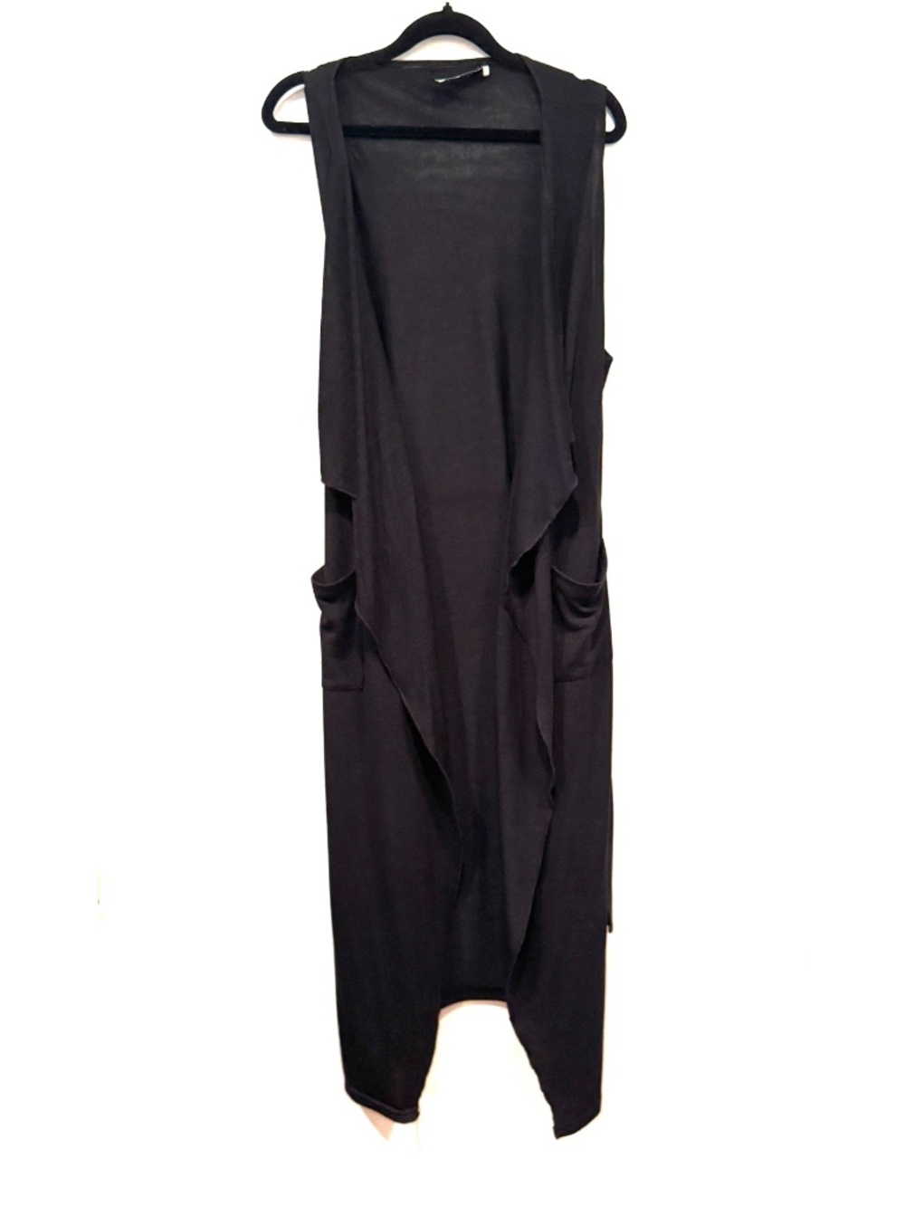 Black Long Draped Sleeveless Cardigan Vest Belted Pockets - M